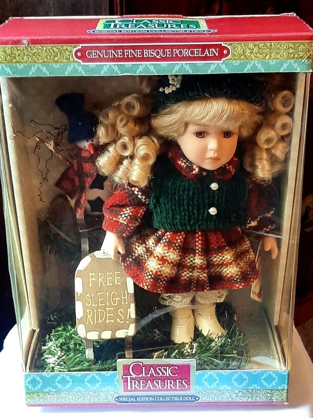 Classic Treasures Blonde Porcelain Doll in Green & Red Holiday Outfit